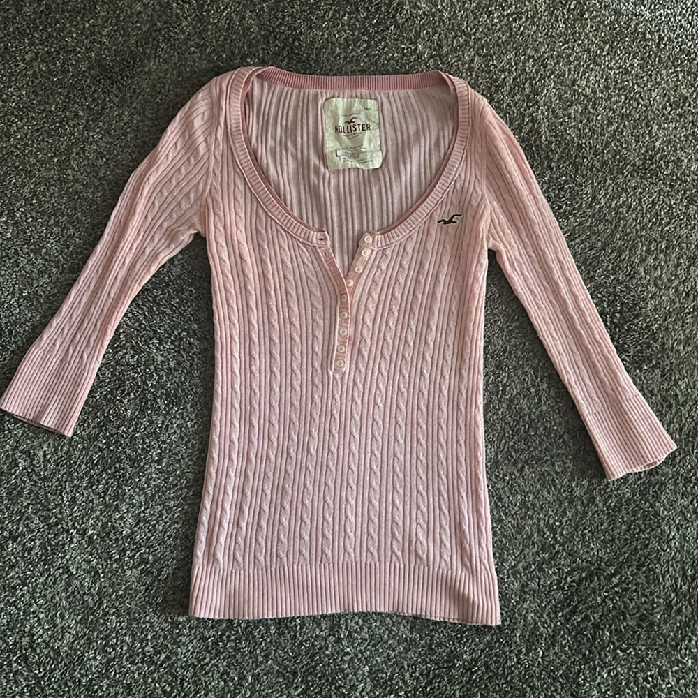Rare Hollister Y2K vintage pink cable knit 3/4 sleeve Henley top - Picture 8 of 12